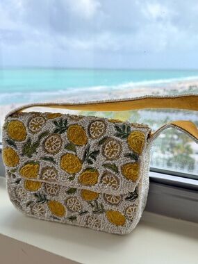 Hand-Beaded Lemon Shoulder Bag in Yellow and White